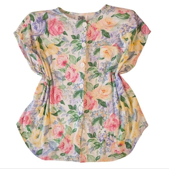 Women's 80s Vintage SOHO Pastel Floral‎ Print Top - Picture 1 of 7